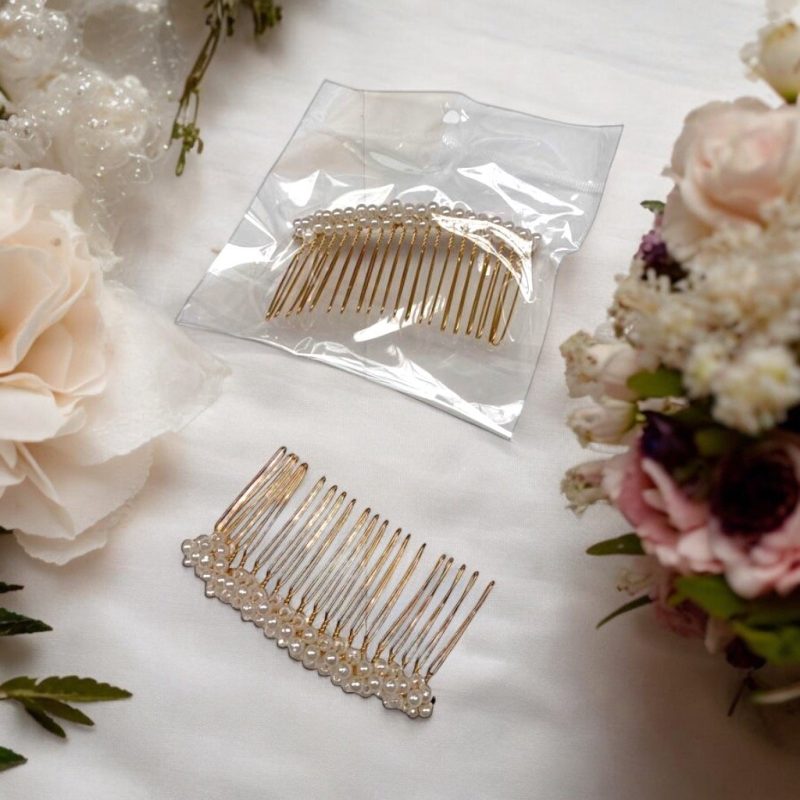 Pieptăn de păr elegant cu perle – model auriu – accesoriu de mireasă/coafuri speciale
