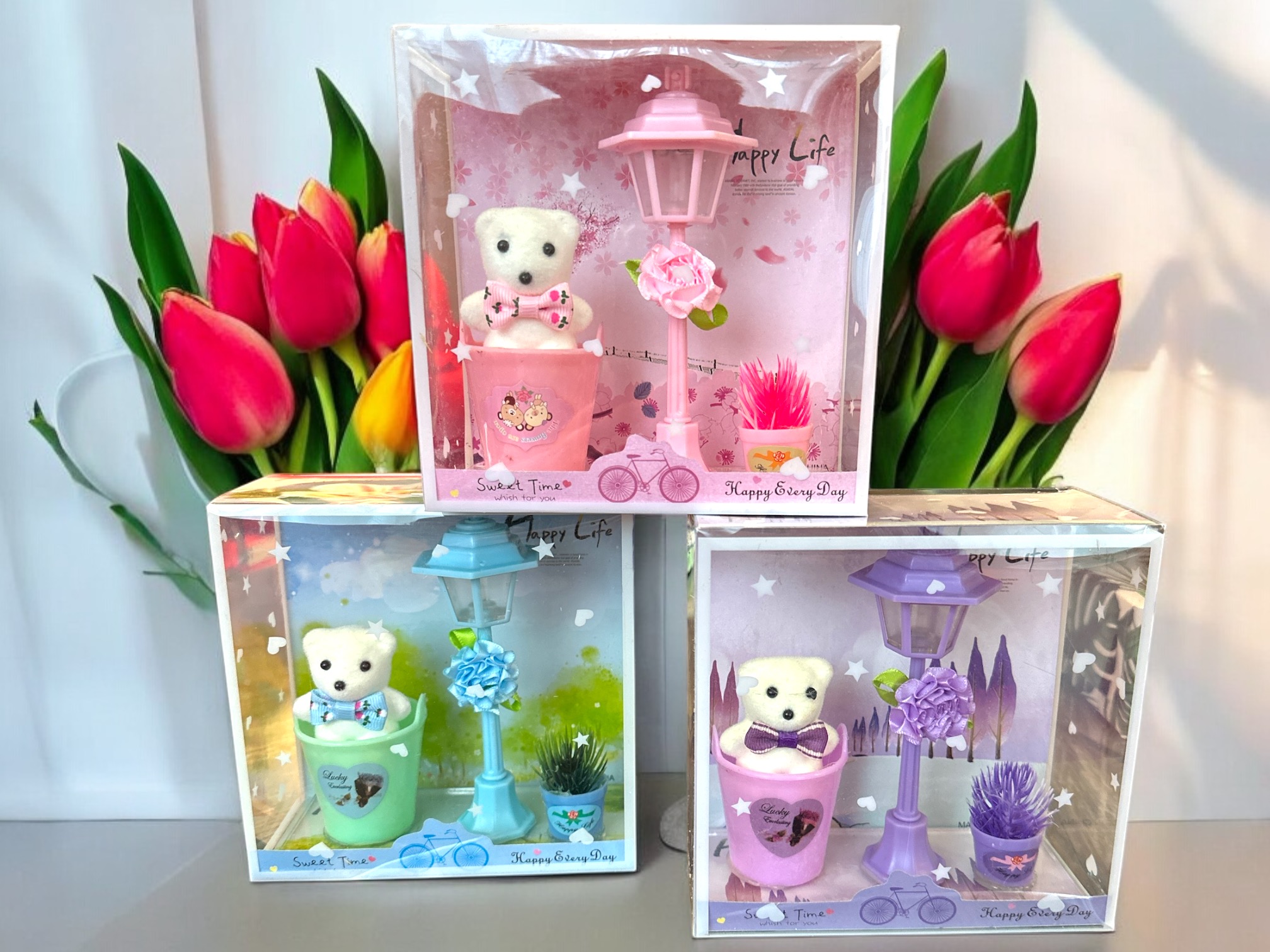 Aranjament decorativ luminos cu ursuleț și felinar – cadou en-gros 1 Martie, 8 Martie, Valentines Day