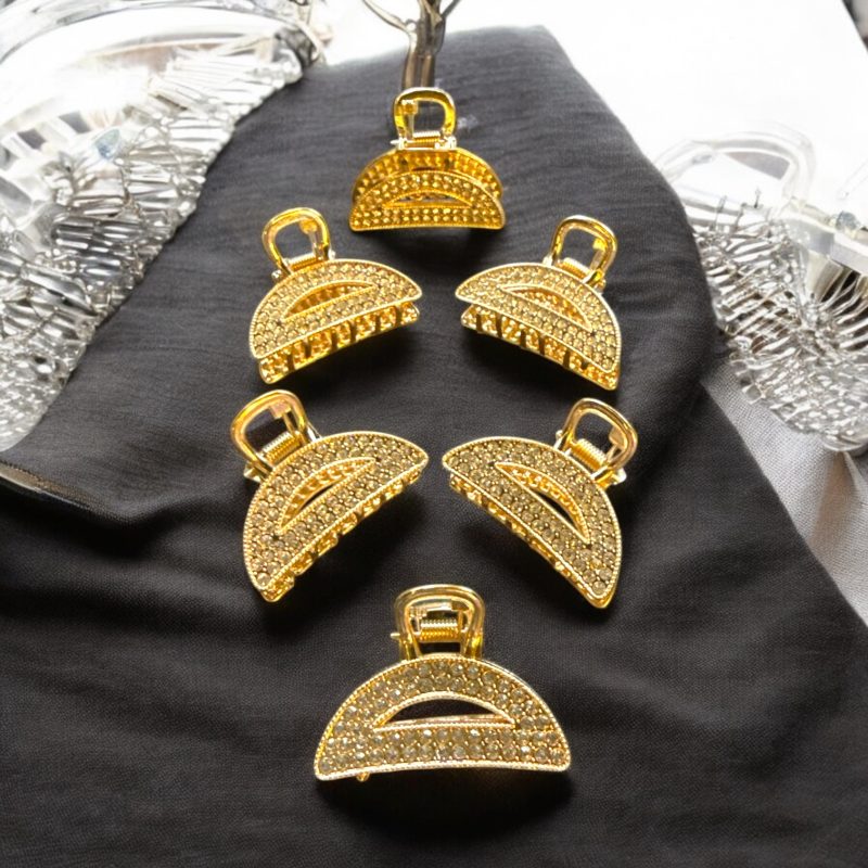 Clești de păr din metal auriu – model semicerc compact cu cristale fine, 12 bucăți/set G206