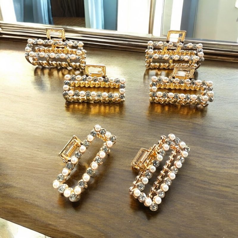 Clești de păr dreptunghiulari din metal auriu cu perle și pietricele – 12 bucăți/set G200