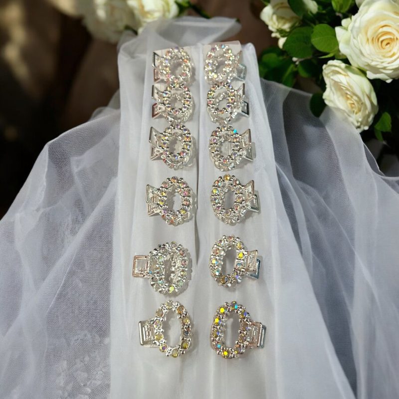 Set Cleștișori din Metal cu Pietre Transparente Irizate pentru Păr, Set de 12 Bucăți