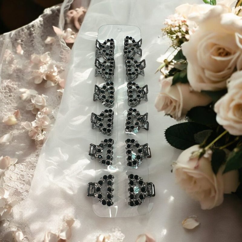 Set Cleștișori din Metal cu Pietre Negre pentru Păr, Set de 12 Bucăți