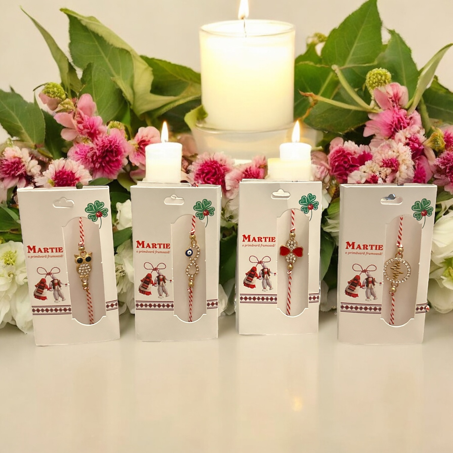 Set mărțișoare brățară – modele elegante cu șnur roșu-alb și decor metalic – 30/set - imagine 2
