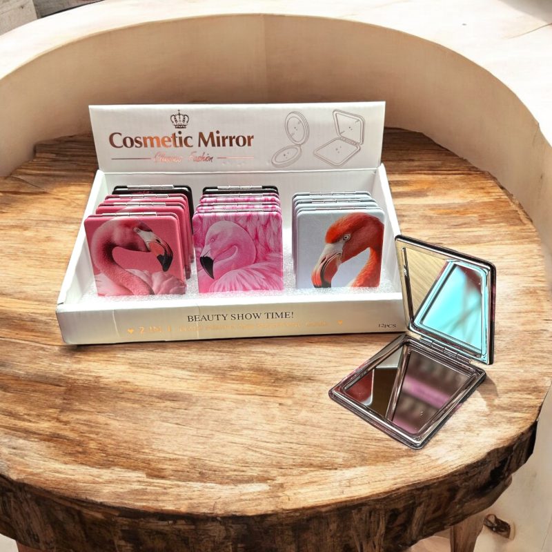 Oglinda cosmetica de buzunar model flamingo 2 in 1 set 12 bucati doua fete