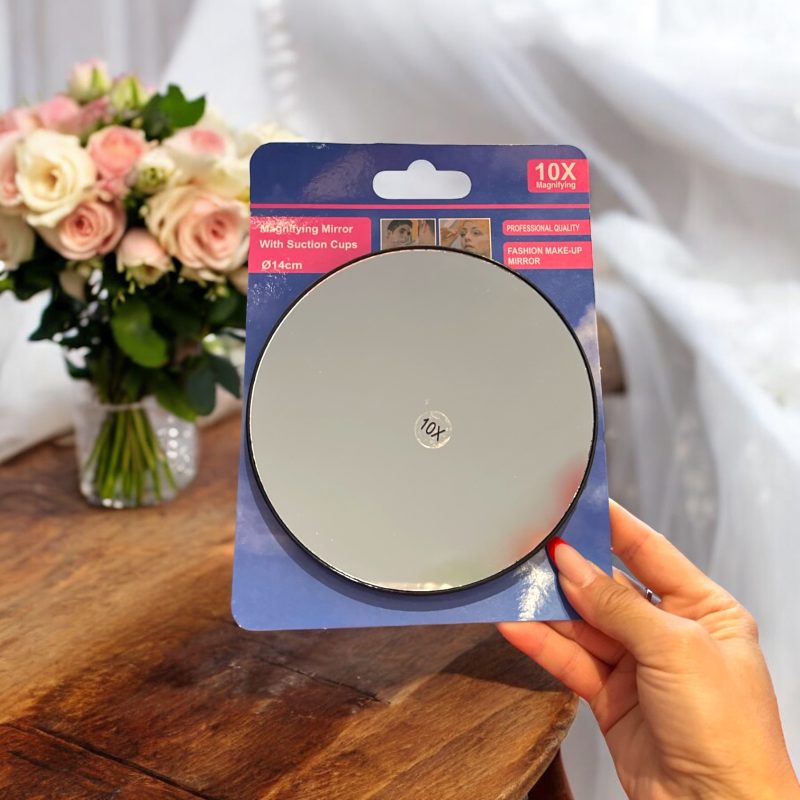 Oglinda cosmetica rotunda cu ventuze si efect de marire x10 diametru 14 cm
