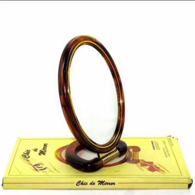 Oglinda cosmetica ovala maro mica cu suport 11x8 cm model clasic cu doua fete