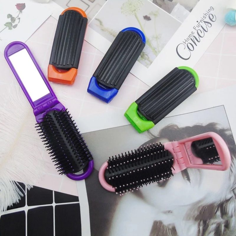 Perie pliabilă de poșetă cu oglindă – model dreptunghiular, compact și versatil