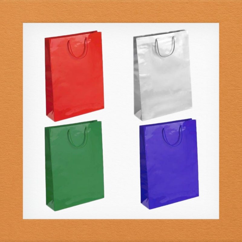 Pungi pentru cadou simple model CI Iuni set 12 bucati culori uni 18x23x11 cm maner textil laminat lucios