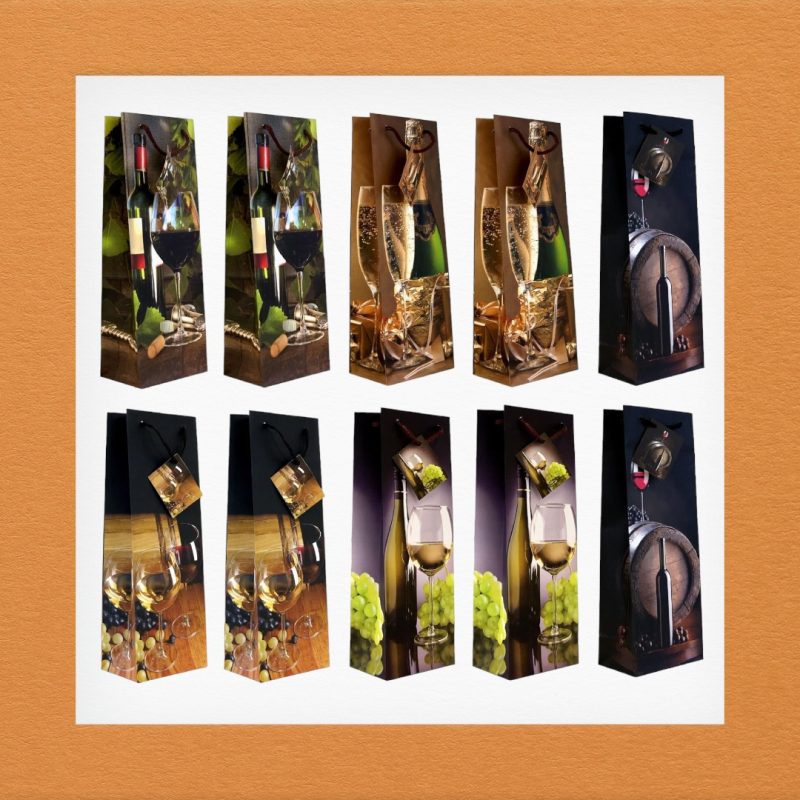 Pungi pentru cadou sticla J modele diverse set 12 bucati 10x33x9 cm maner textil laminat lucios