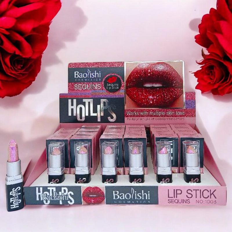 Ruj solid glitter pentru buze cod 1003 Baolishi – Hot Lips, efect sclipitor, 24 bucăți