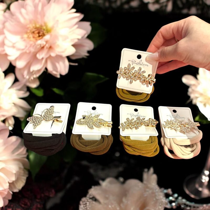 Set 12 Cartonașe cu 6 Elastice de Păr și Clamă Metalică Decorativă cu Pietre