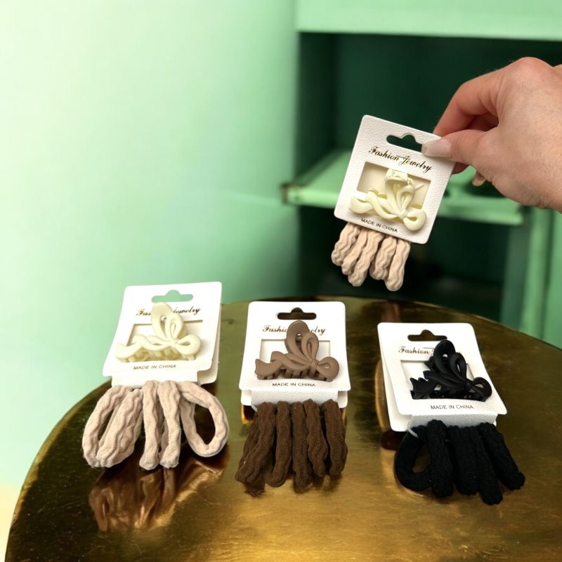 Set Accesorii Păr – 12 cartonașe (5 elastice + 1 cleștișor din silicon/cartonaș)