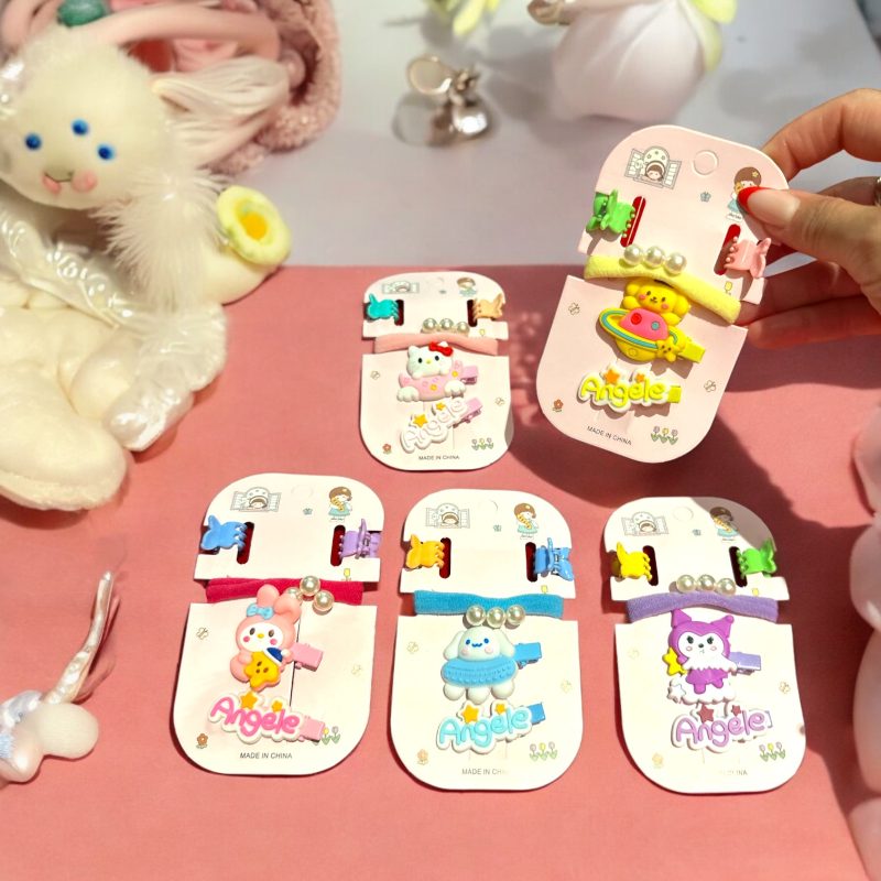 Set accesorii par fetite Angele cu clame cu figurine ,cleștișori si elastice cu perle decorative D36