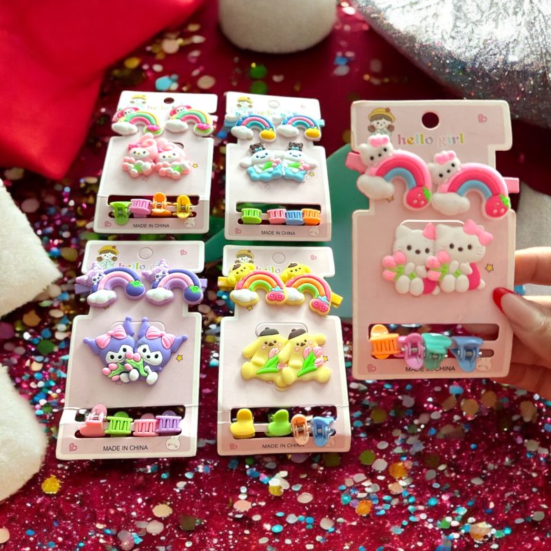 Set accesorii par fetite Hello Girl cu clame curcubeu si clestisori colorati D37