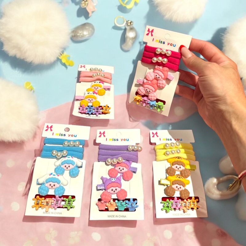 Set accesorii par fetite I miss you cu elastice cu perla ,clame si clestisori colorati D38