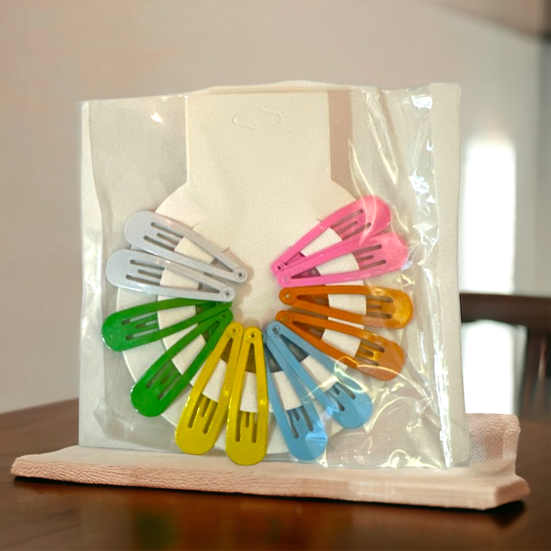 Set clame de păr tip TT – 12 bucăți – culori pastel lucioase – ambalaj evantai pentru copii
