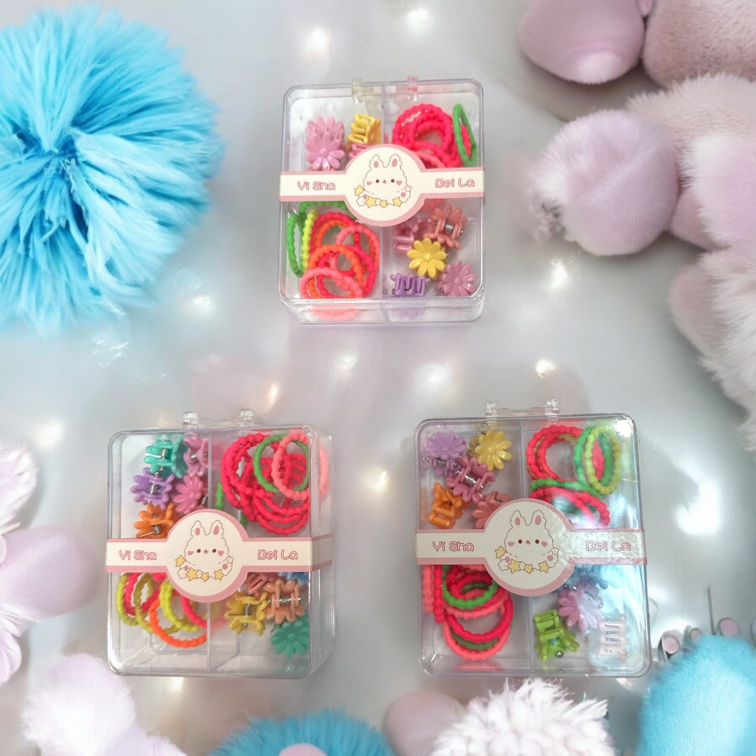 Set accesorii de păr pentru copii – elastic colorat și mini cleme florale în cutie transparentă