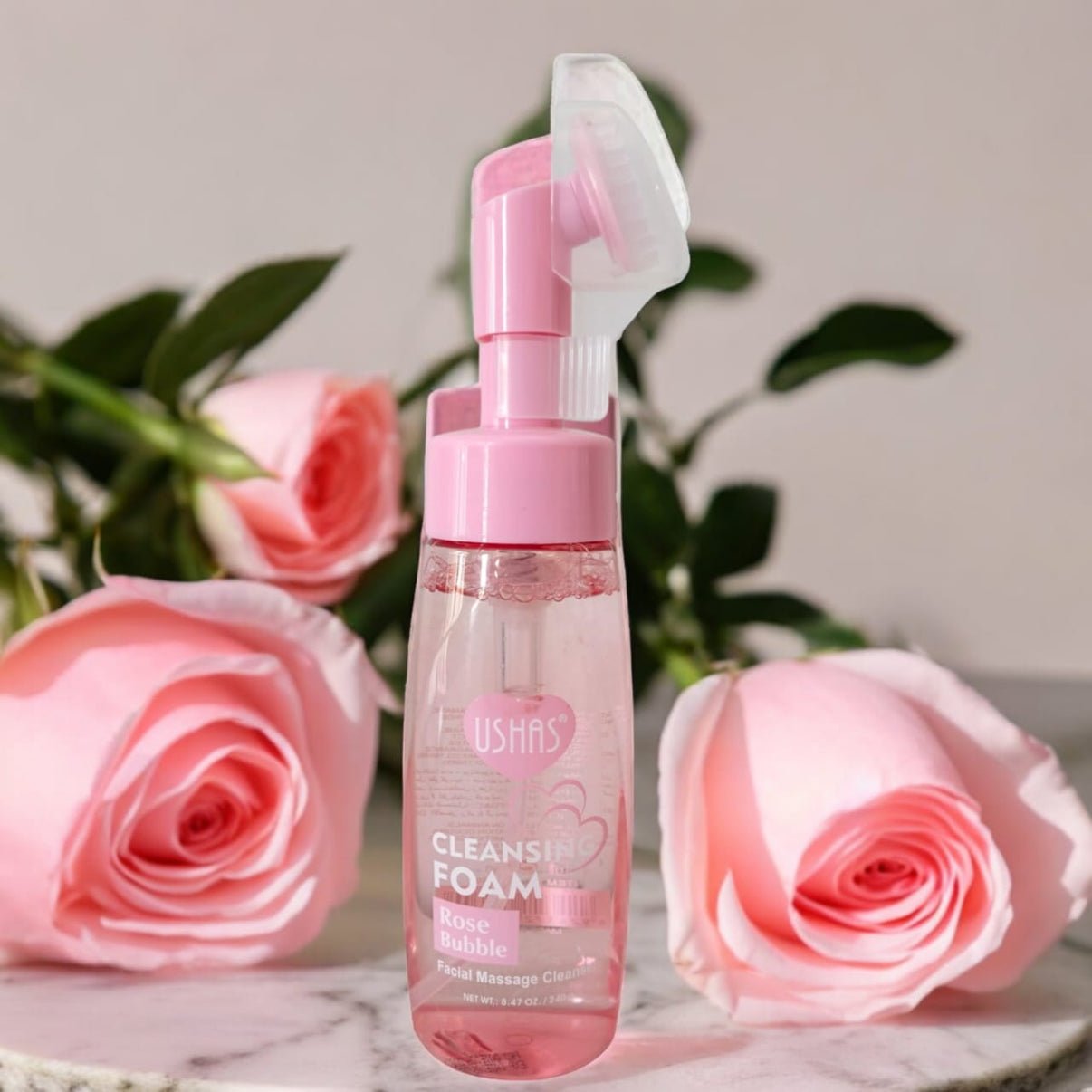 Spumă Demachiantă USHAS Rose Bubble 240g | Trandafiri & Periuță Masaj | Cod USH-HA069 - imagine 4