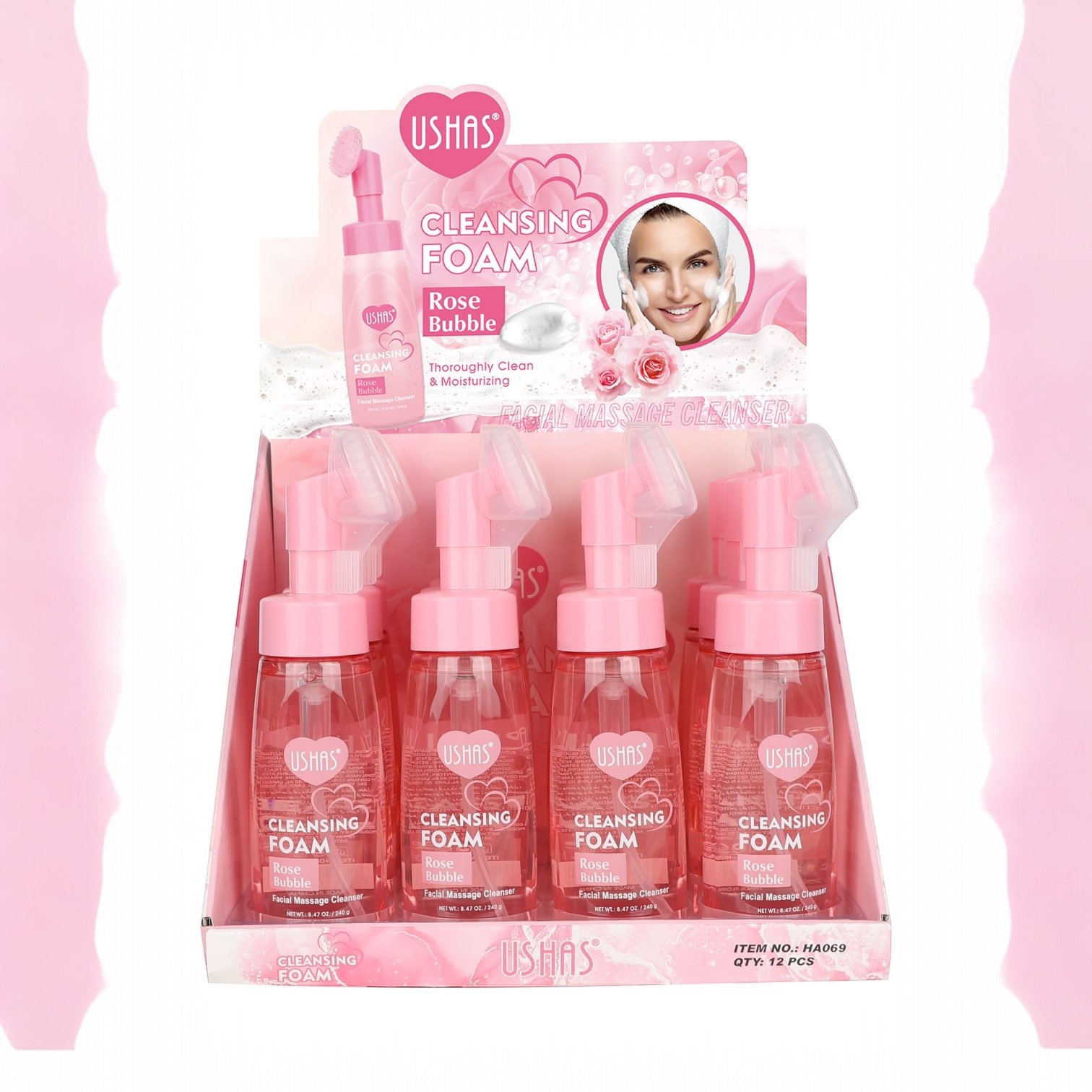 Spumă Demachiantă USHAS Rose Bubble 240g | Trandafiri & Periuță Masaj | Cod USH-HA069 - imagine 2