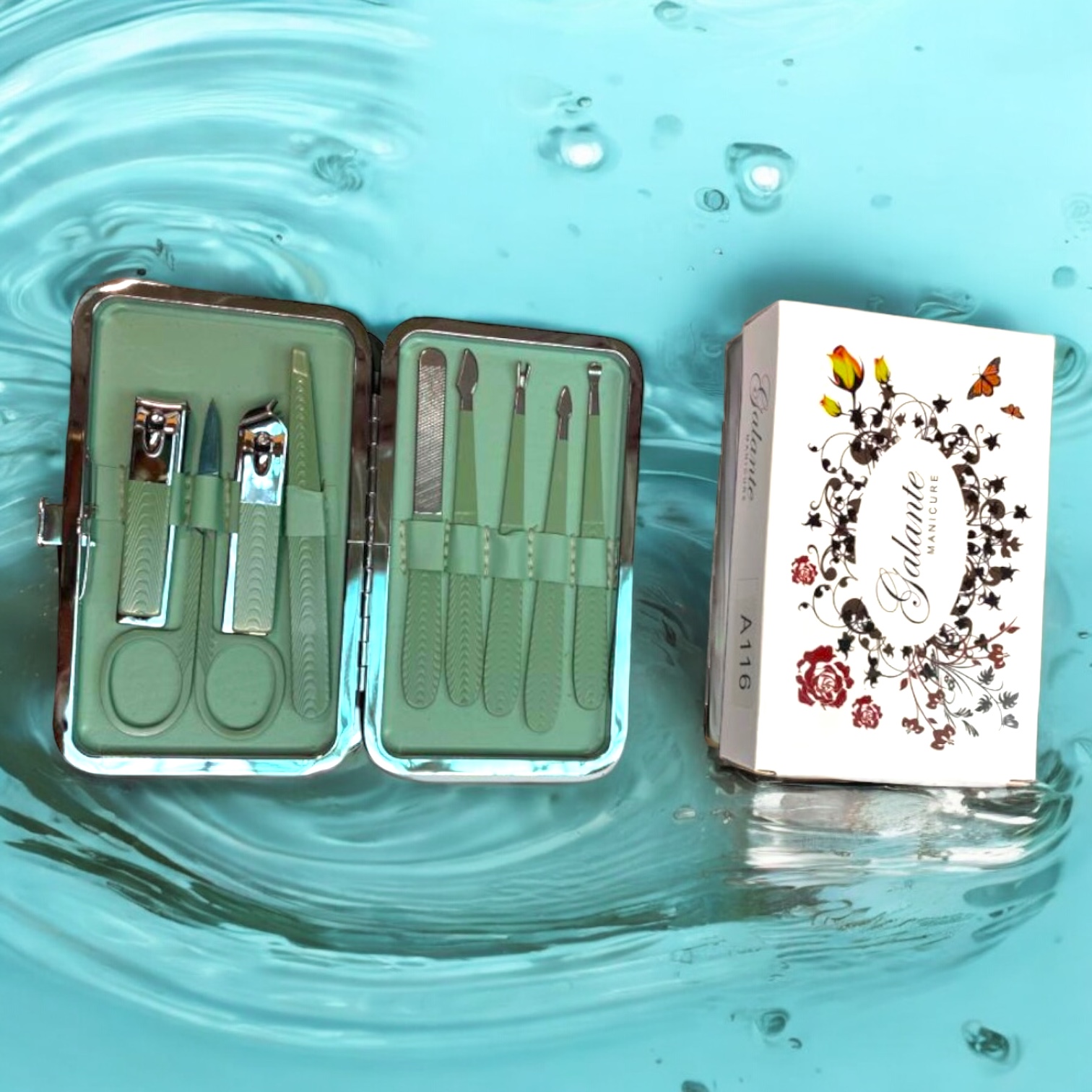 Trusă manichiură Galante A116 – Design verde pastel, îngrijire completă acasă sau în călătorii
