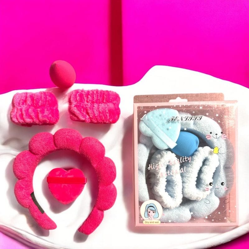 Set beauty make-up și spălare față – 5 piese: coronită catifea, 2 bandane, burete beauty blender, puff pudră