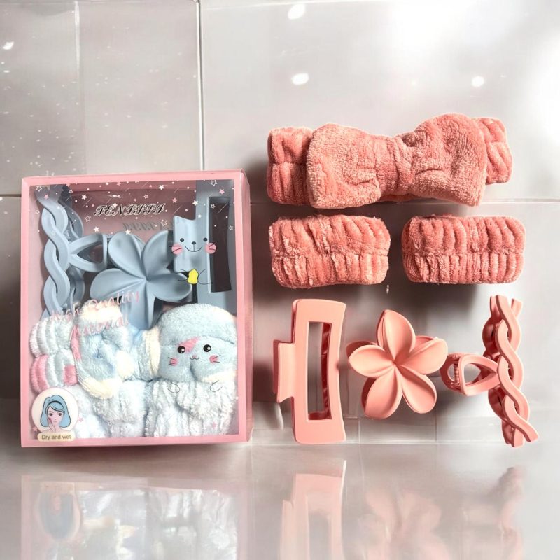 Set beauty pentru skincare și spălare față – 6 piese: bentiță plușată, 2 bandane absorbante, 3 clești de păr din silicon