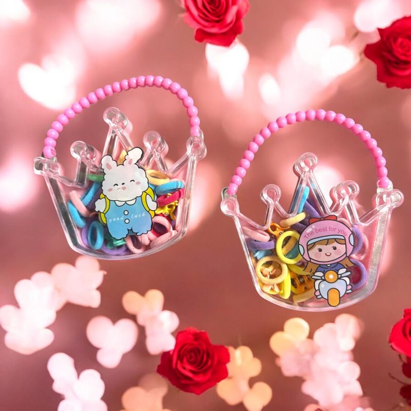 Set Accesorii Păr în Cutie Coroană cu Mărgele Roz tip gentuța – Elastice Colorate și Clame Mini