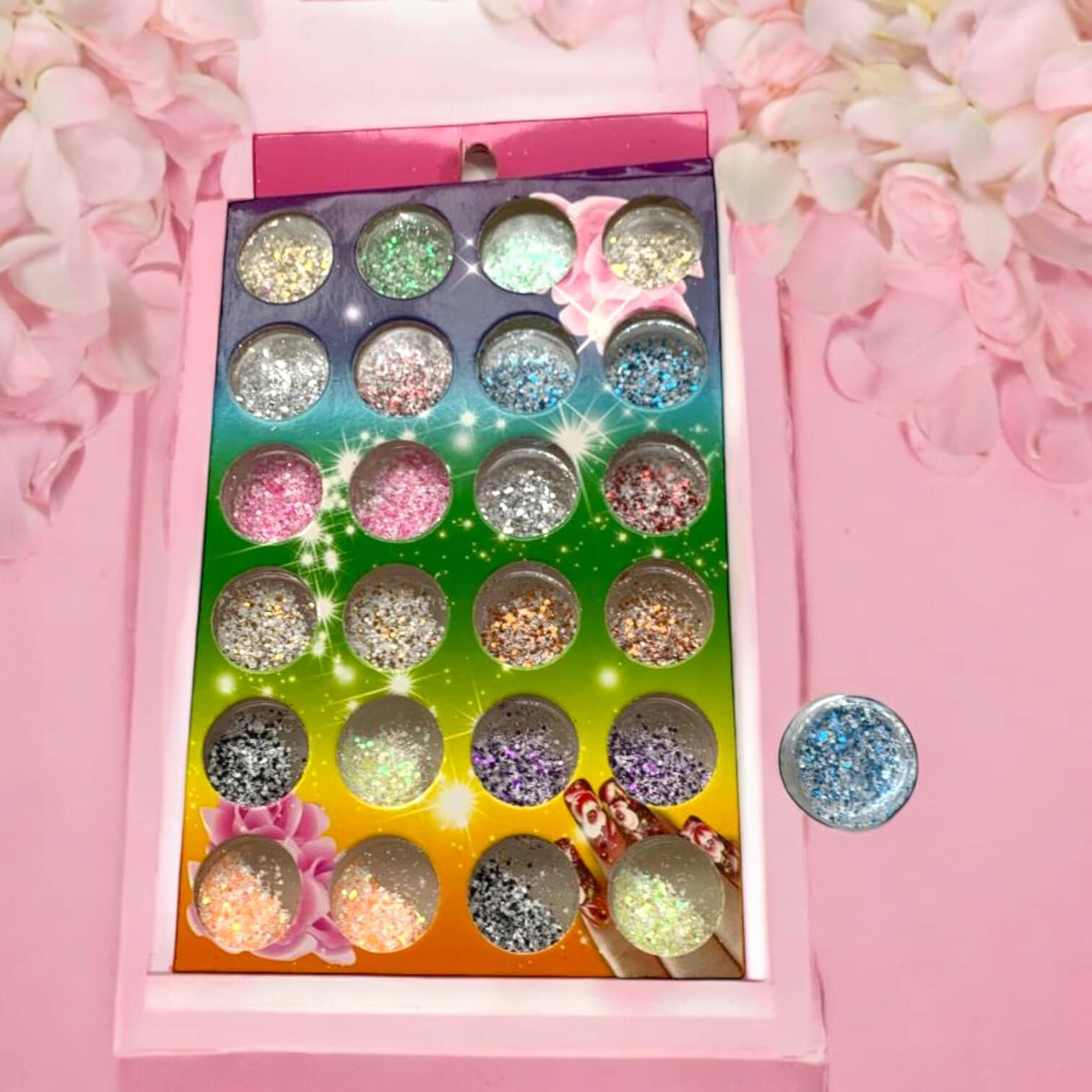 Set paiete pentru unghii – 24 recipiente cu sclipici decorativ în culori mixte | Nail Art Glitter