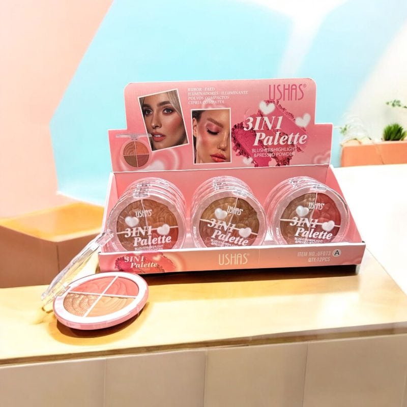Paletă 3 în 1 USHAS – Blush, Iluminator, Pudră Compactă | Cod UF073 | Set 12 bucăți