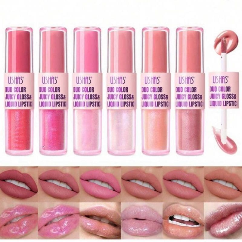 Ruj lichid 2 în 1 USHAS 085B Duo Color – gloss strălucitor și lipstick mat într-un singur produs
