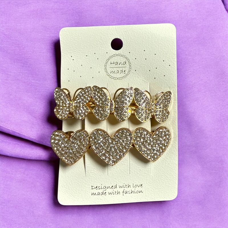 Set Clame Metalice cu Strasuri – Fluture și Inimă – 2 Bucăți / Cartonaș – 12 Cartonașe / Set