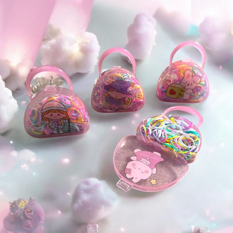 Set Elastice Colorate în Cutie Borsetă cu Personaje – Accesorii Păr Copii