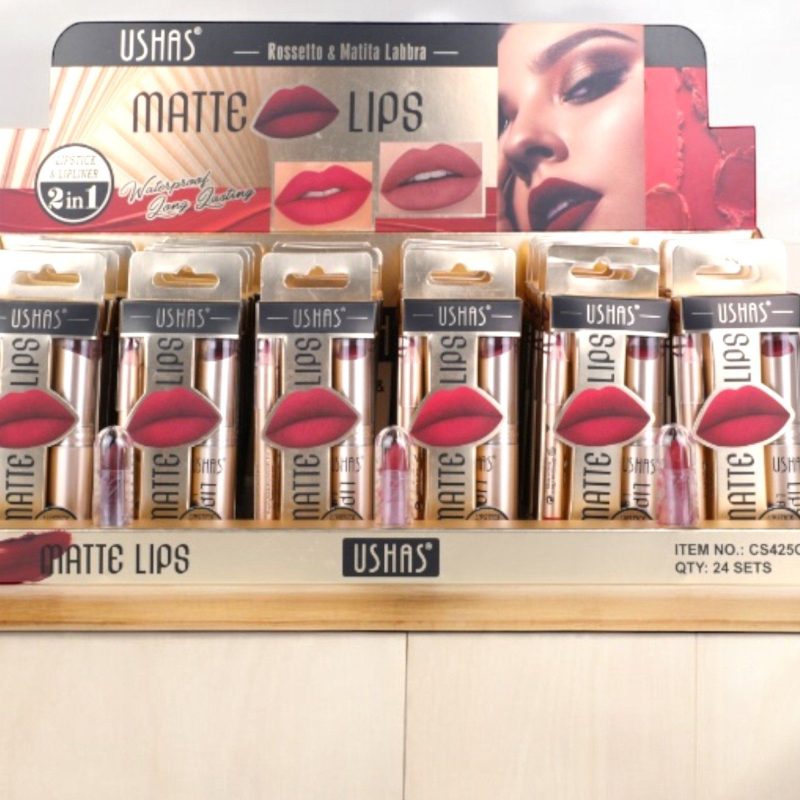 Set ruj + creion contur buze 2 în 1 USHAS – Matte Lips, Waterproof, cod 425C – 24 buc/set