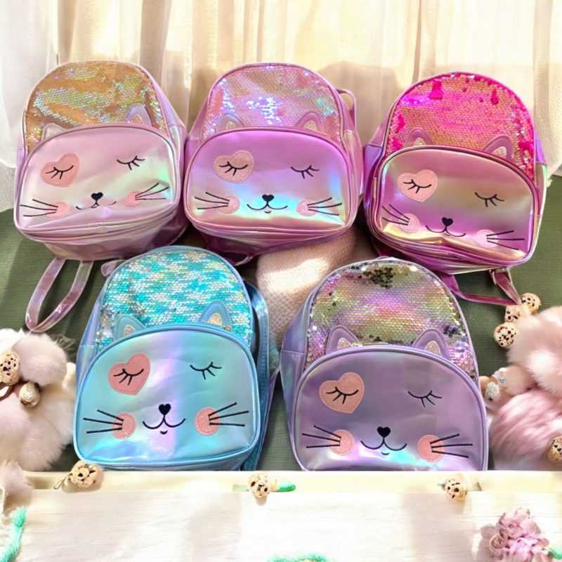 Ghiozdan fetițe cu paiete reversibile și față pisicuță 3D – 27x23x9 cm – H685