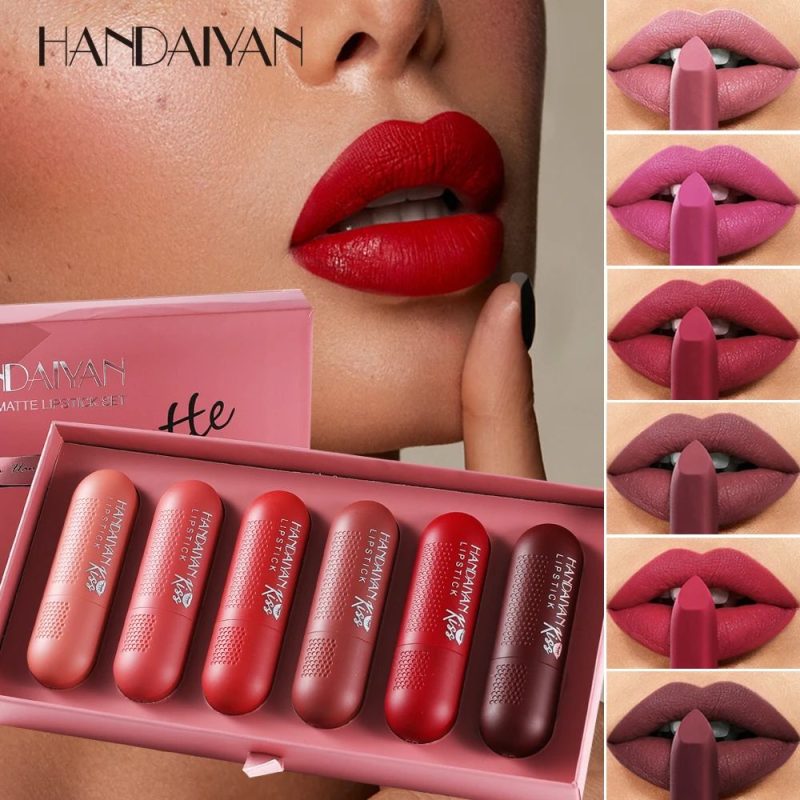 Handaiyan Lipstick Set H1042 – Set 6 Rujuri Mate Tip Bullet, Culori Roșu și Nude