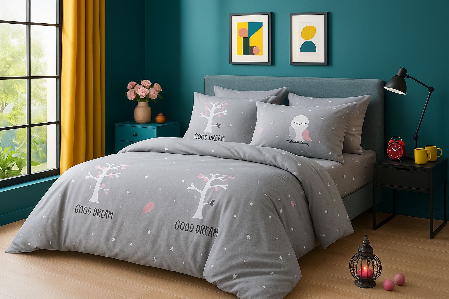 Lenjerie de pat 4 piese din finet cod H805 gri pastel