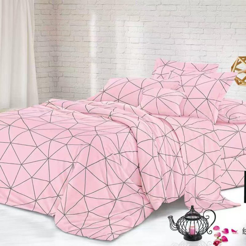 Lenjerie de pat 4 piese din finet – roz pudrat cu imprimeu geometric minimalist – H796