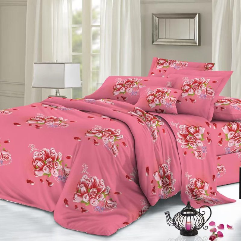 Lenjerie de pat 4 piese din finet – roz intens cu imprimeu floral romantic – H799