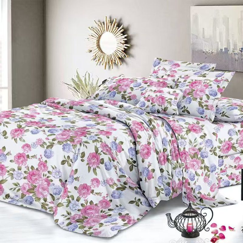 Lenjerie de pat 4 piese din finet– cod H802 – imprimeu floral pastel pe fundal alb