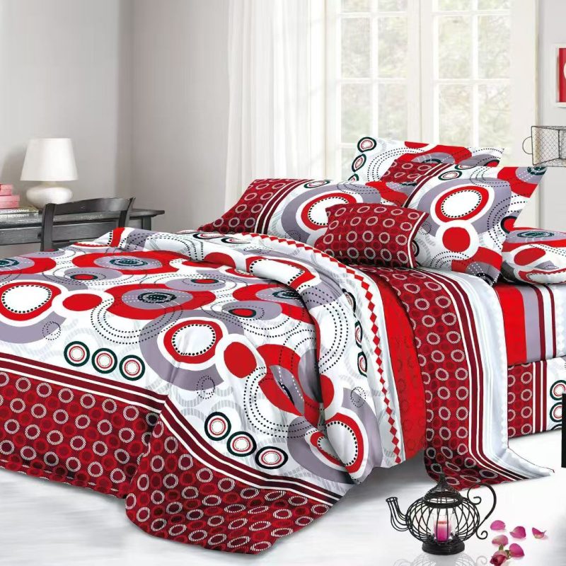 Lenjerie de pat 4 piese din finet – model geometric roșu și gri – Cod H803