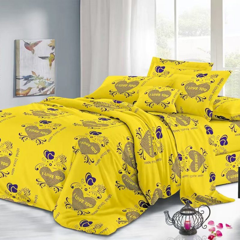 Lenjerie de pat 4 piese din finet – H806 – galben intens cu imprimeu floral violet și gri