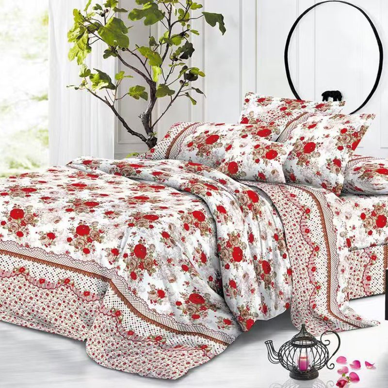 Lenjerie de pat 4 piese din finet – model floral romantic cu trandafiri roșii – H795
