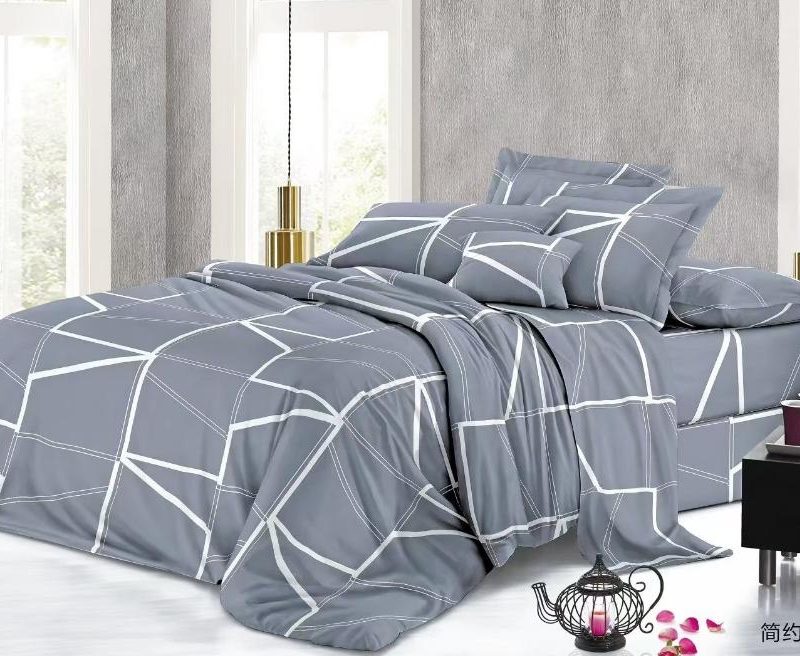 Lenjerie de pat 4 piese din finet – design minimalist cu linii albe pe fundal gri – H787
