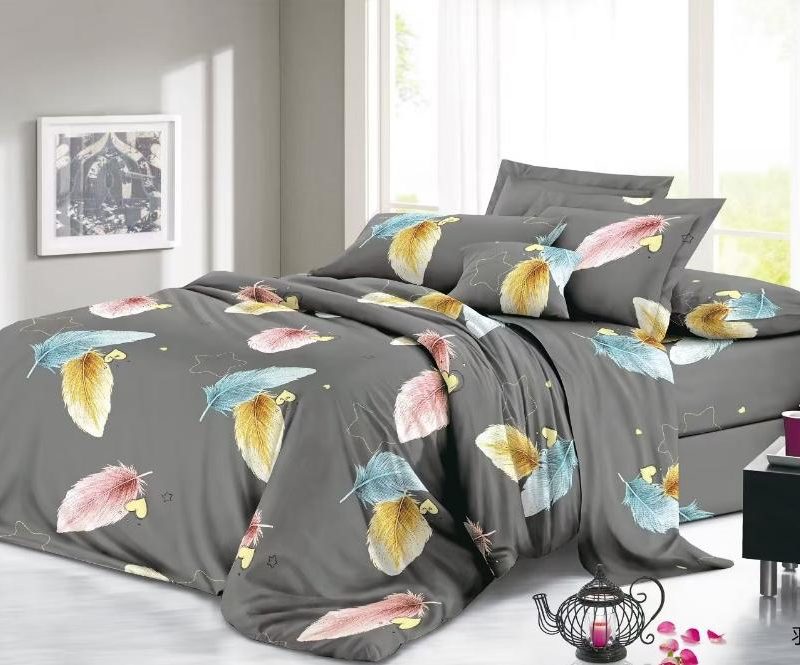 Lenjerie de pat 4 piese din finet – imprimeu cu pene colorate pe fundal gri antracit – H782