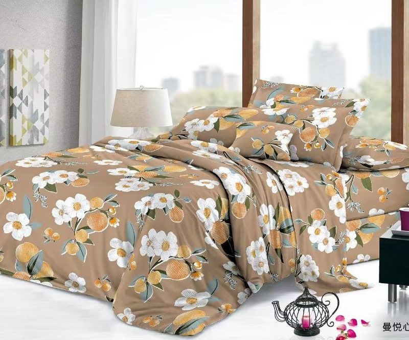 Lenjerie de pat 4 piese din finet – imprimeu floral pe fundal cappuccino – H783
