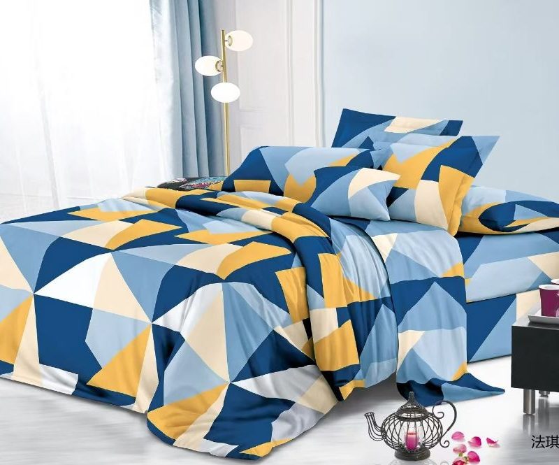 Lenjerie de pat 4 piese din finet – model geometric albastru-galben – H793