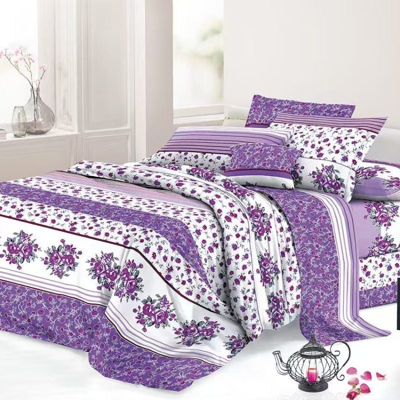 Lenjerie de pat H804 – Set 4 piese din finet, imprimeu floral mov
