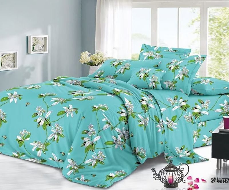Lenjerie de pat 4 piese din finet – model floral turcoaz cu flori albe – H791