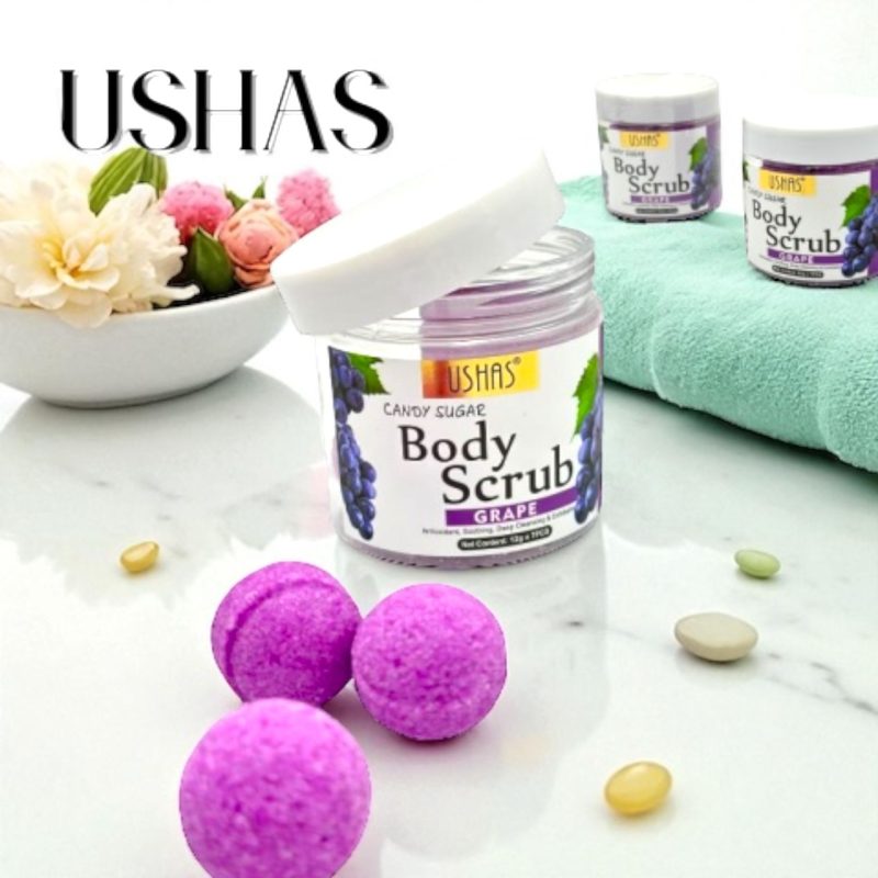 Ushas Body Scrub Candy Sugar cu Piersică – Exfoliere Delicată și Hidratare Intensă, 12g x 7 bucăți (HA308)