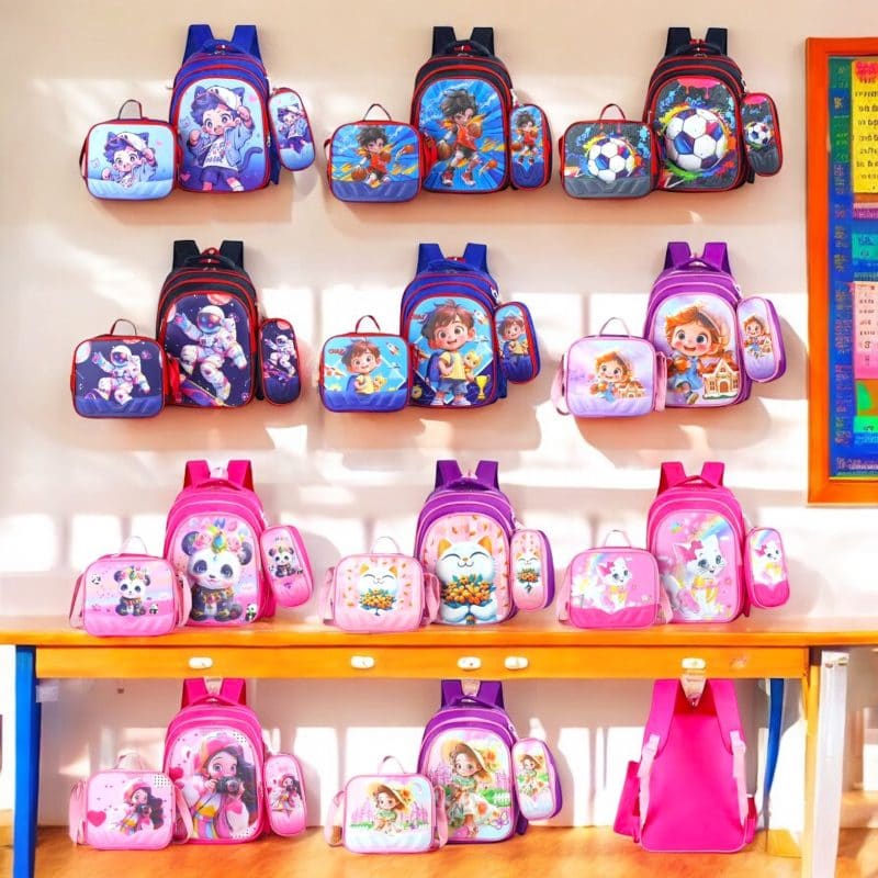 Set 3 piese ghiozdan copii H675 – 42x33 cm, imprimeuri viu colorate, material rezistent